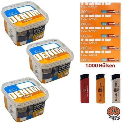 Denim Volumentabak Big Box 3x 160g, Gizeh Full Flavor Hülsen, Feuerzeuge