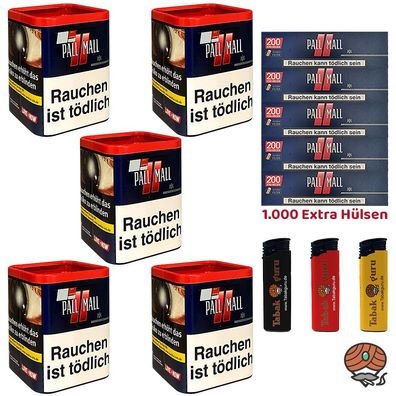 Pall Mall Red Volumentabak Dose 5x 43g, 1000 Red Xtra Hülsen, Feuerzeuge