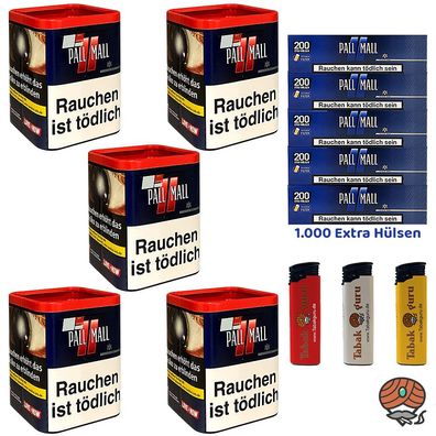 Pall Mall Red Volumentabak Dose 5x 43g, 1000 Blue Xtra Hülsen, Feuerzeuge