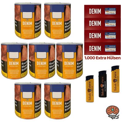 Denim Volumentabak Dose 7x 65g, 1000 Extra Hülsen, Feuerzeuge