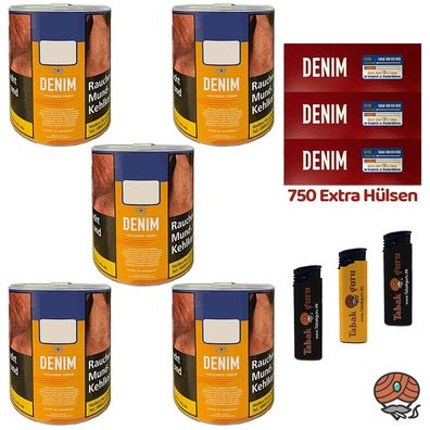 Denim Volumentabak Dose 5x 60g, 750 Extra Hülsen, Feuerzeuge