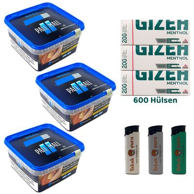 Pall Mall Blue/Blau Tabak Mega Box 3x 125g, Gizeh Hülsen, Feuerzeug