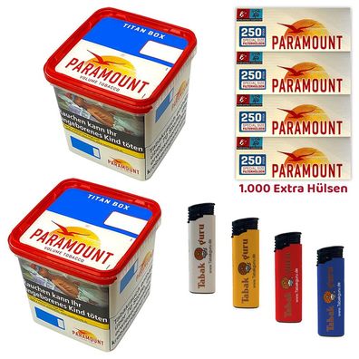 Paramount Volumentabak Titan Box 2x 315g, 1000 Extra Hülsen, Feuerzeuge
