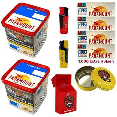 Paramount Volumentabak Titan Box 2x 315g, 1000 Extra Hülsen, Sturmfeuerzeuge