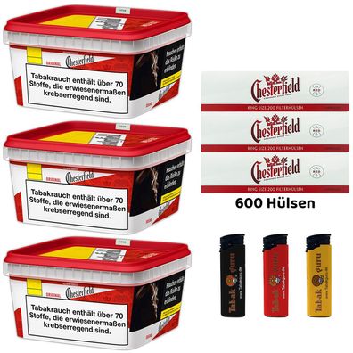 Chesterfield Red/Rot Volumentabak 3x 135g Mega BOX, 600 Hülsen, Feuerzeuge