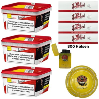 Chesterfield Red/Rot Volumentabak 3x 135g Mega BOX, 800 Hülsen, Glasascher