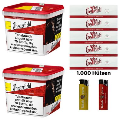 Chesterfield Red/Rot Volumentabak 2x 255g Giga BOX, Hülsen, Sturmfeuerzeuge