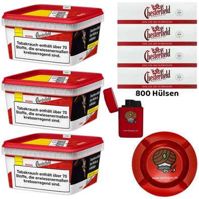 Chesterfield Red/Rot Volumentabak 3x 135g Mega BOX, 800 Hülsen, Metallascher