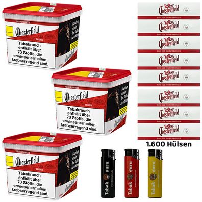 Chesterfield Red/Rot Volumentabak 3x 255g Giga BOX, Hülsen, Sturmfeuerzeuge