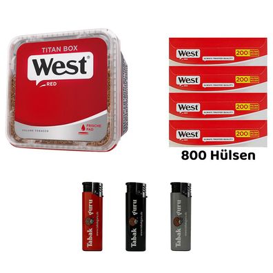 WEST Red/Rot Volumentabak Titan Box à 280g, 800 Red Hülsen, Feuerzeuge
