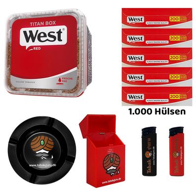 WEST Red/Rot Volumentabak Titan Box à 280g, 1000 Hülsen, Metallascher, Zubehör