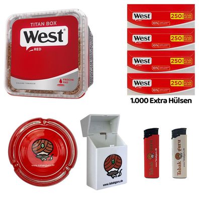 WEST Red/Rot Volumentabak Titan Box à 280g, Extra Hülsen, Glasascher, Zubehör