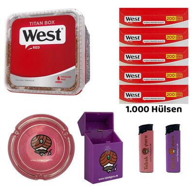 WEST Red/Rot Volumentabak Titan Box à 280g, 1000 Hülsen, Glasascher, Zubehör
