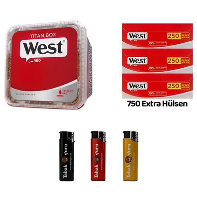 WEST Red/Rot Volumentabak Titan Box à 280g, 750 Red Extra Hülsen, Feuerzeuge