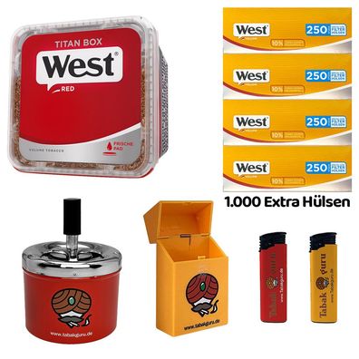 WEST Red/Rot Volumentabak Titan Box à 280g, Yellow Extra Hülsen, Drehascher