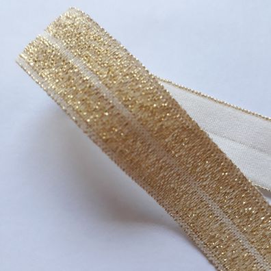 1m x 15mm Falzgummi elastisch Satinglanz Farbe Weiß mit Gold Glitzereffekt