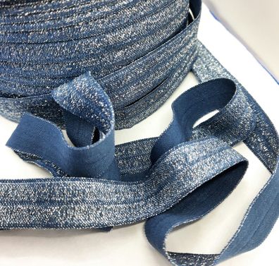 1m x 15mm Falzgummi elastisch Satinglanz Farbe Marine Blau mit Silber Glitzereffekt