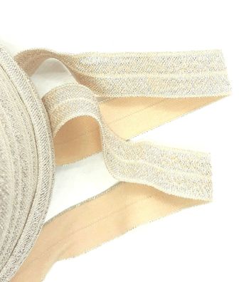 1m x 15mm Falzgummi elastisch Satinglanz Farbe Beige mit Silber Glitzereffekt