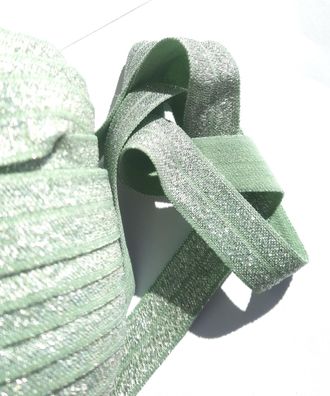 1m x 15mm Falzgummi elastisch Satinglanz Farbe Grün Pastell mit Silber Glitzereffekt