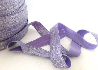 1m x 15mm Falzgummi elastisch Satinglanz Farbe Flieder mit Silber Glitzereffekt