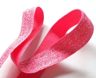 1m x 15mm Falzgummi elastisch Satinglanz Farbe Neon Pink mit Silber Glitzereffekt