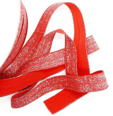 1m x 15mm Falzgummi elastisch Satinglanz Farbe Rot mit Silber Glitzereffekt