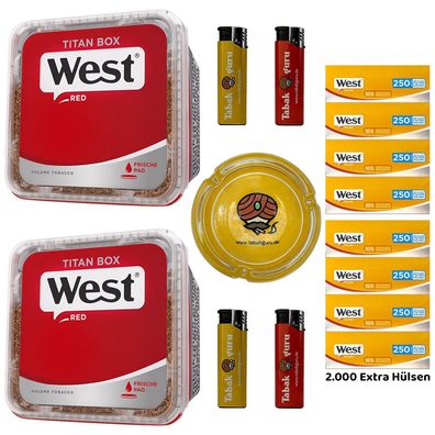 WEST Red/Rot Volumentabak Titan Box 2x 280g, Yellow Extra Hülsen, Glasascher