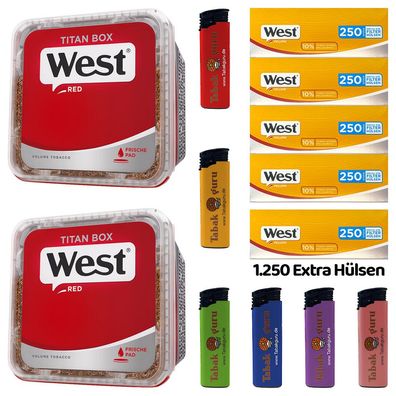 WEST Red/Rot Volumentabak Titan Box 2x 280g, Yellow Extra Hülsen, Feuerzeuge