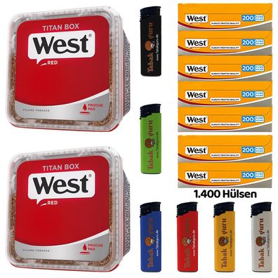 WEST Red/Rot Volumentabak Titan Box 2x 265g, 1400 Yellow Hülsen, Feuerzeuge