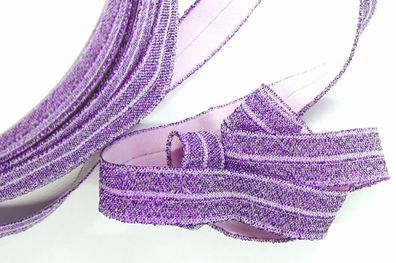 1m x 15mm Falzgummi elastisch Satinglanz Farbe Weiß mit Purpur Glitzereffekt