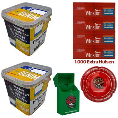 Denim Volumentabak Mega Box 2x 220g, 1000 Winston Extra Hülsen, Glasascher, Box
