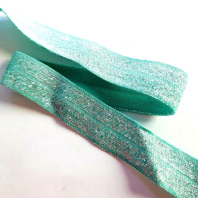 1m x 15mm Falzgummi elastisch Satinglanz Farbe Mint Hell mit Silber Glitzereffekt