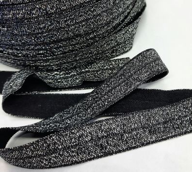 1m x 15mm Falzgummi elastisch Satinglanz Farbe Schwarz mit Silber Glitzereffekt