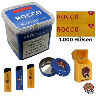 ROCCO Volumentabak BLUE BUCKET 500g, 1000 Hülsen, Ascher, Feuerzeuge, Box