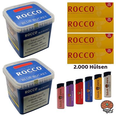 ROCCO Volumentabak BLUE BUCKET 2x 500g, 2000 Hülsen, Feuerzeuge
