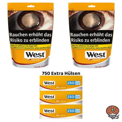 West Yellow Volumentabak Beutel 2x 150g, 750 Extra Hülsen