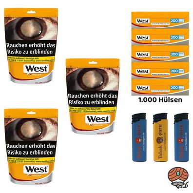 West Yellow Volumentabak Beutel 3x 150g, 1000 Hülsen, Feuerzeuge, Ascher, Box