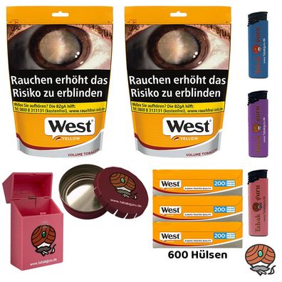West Yellow Volumentabak Beutel 2x 150g, 600 Hülsen, Feuerzeuge, Ascher, Box