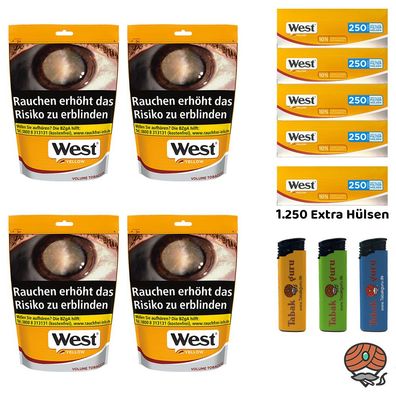 West Yellow Volumentabak Beutel 4x 150g, 1250 Extra Hülsen, Feuerzeuge