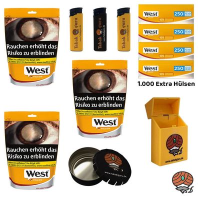 West Yellow Volumentabak Beutel 3x 150g, 1000 Hülsen, Feuerzeuge, Ascher, Box