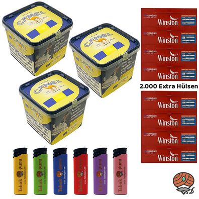 Camel Yellow/Gelb Volumentabak Eimer 3x 300g, Winston Extra Hülsen, Feuerzeuge