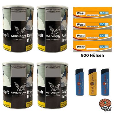 Madison Black/Schwarz Tabak Dose 4x 120g, West Yellow Hülsen, Feuerzeuge