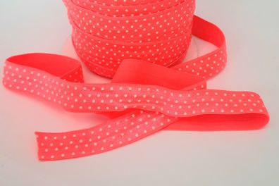 1m x 15mm Falzgummi Einfassband elastisch Satinglanz Neon Lachs mit Tupfen Weiß