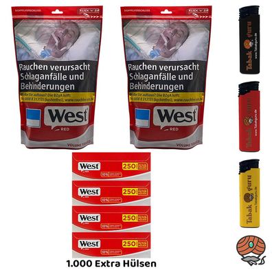 West Red/Rot Volumentabak Beutel 2x 195g, 1000 Extra Hülsen, Feuerzeuge