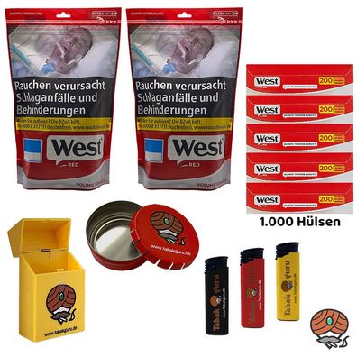 West Red/Rot Volumentabak Beutel 2x 195g, 1000 Hülsen, Feuerzeuge, Ascher, Box
