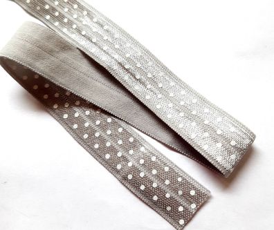 1m x 15mm Falzgummi Einfassband elastisch Satinglanz Hell Grau mit Tupfen Weiß