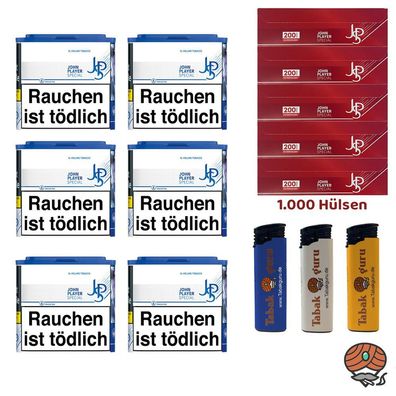 JPS/John Player Special Blue/Blau Tabak Dose 6x 36g, JPS Hülsen, Feuerzeuge