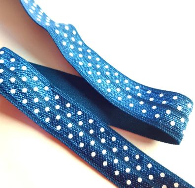 1m x 15mm Falzgummi Einfassband elastisch Satinglanz Dunkel Blau mit Tupfen Weiß