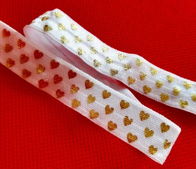 1m x 15mm Falzgummi Einfassband elastisch Satinglanz Weiß mit Gold Herzen