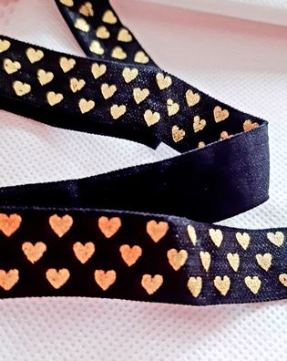 1m x 15mm Falzgummi Einfassband elastisch Satinglanz Schwarz mit Gold Herzen